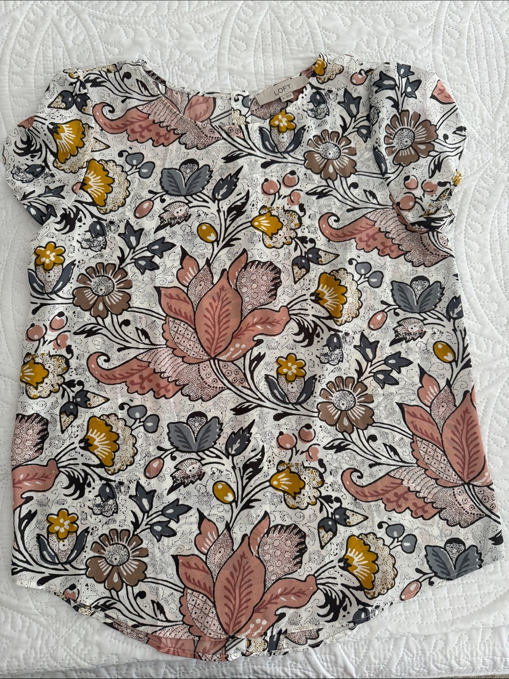 LOFT Floral Cap-Sleeve Blouse in Blush, Mustard, Gray